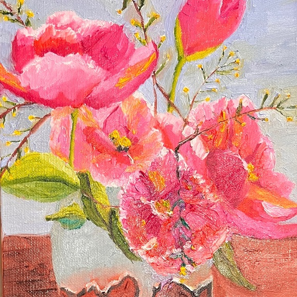 Brittony Martin Other - ⭐️🌟✨SOLD ⭐️🌟✨Spring Pink Peonies in Teal/Brown Vase Painting
